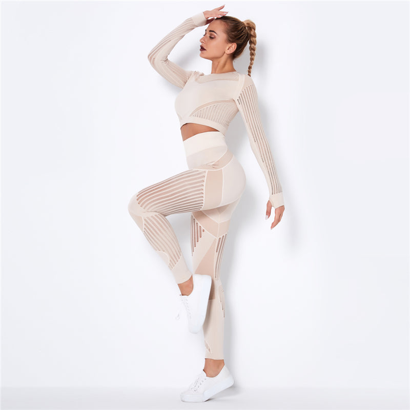 Yoga clothing suit striped hollow fitness two-piece suit - FlexAura Fit