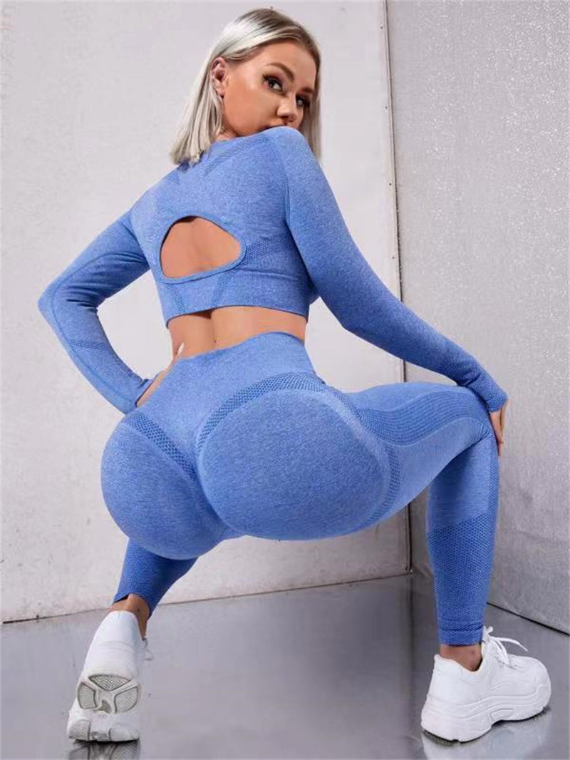 Sports Suits Long Sleeve Hollow Tops And Butt Lifting High Waist Seamless Fitness Leggingss Sports Gym Sportswear