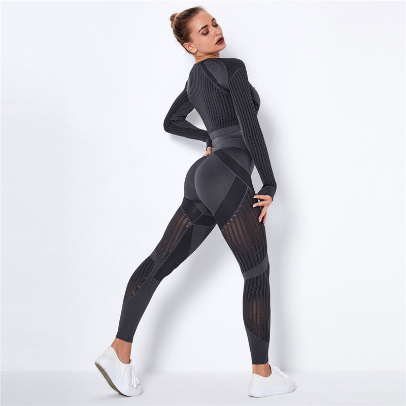 Yoga clothing suit striped hollow fitness two-piece suit - FlexAura Fit