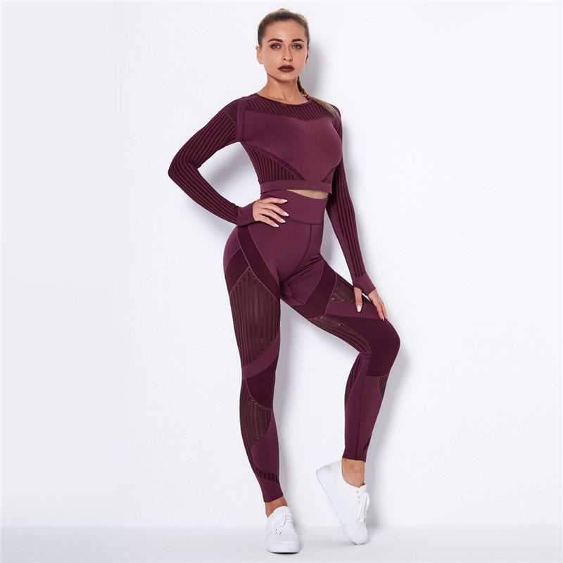 Yoga clothing suit striped hollow fitness two-piece suit - FlexAura Fit