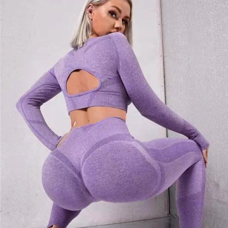 Sports Suits Long Sleeve Hollow Tops And Butt Lifting High Waist Seamless Fitness Leggingss Sports Gym Sportswear