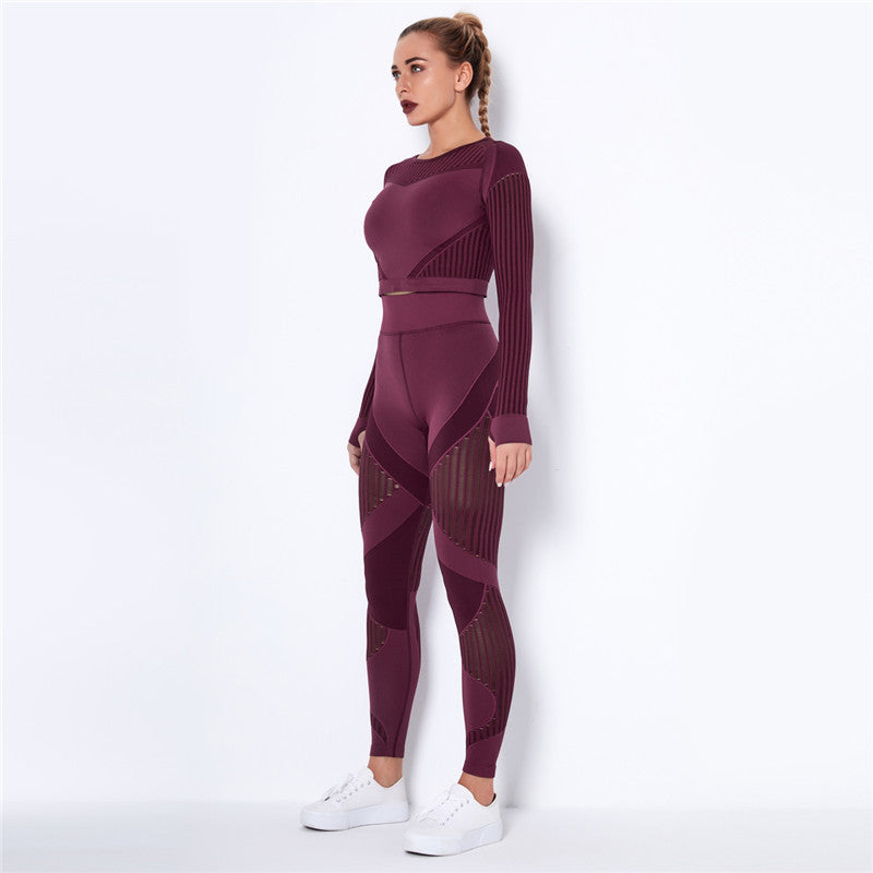 Yoga clothing suit striped hollow fitness two-piece suit - FlexAura Fit