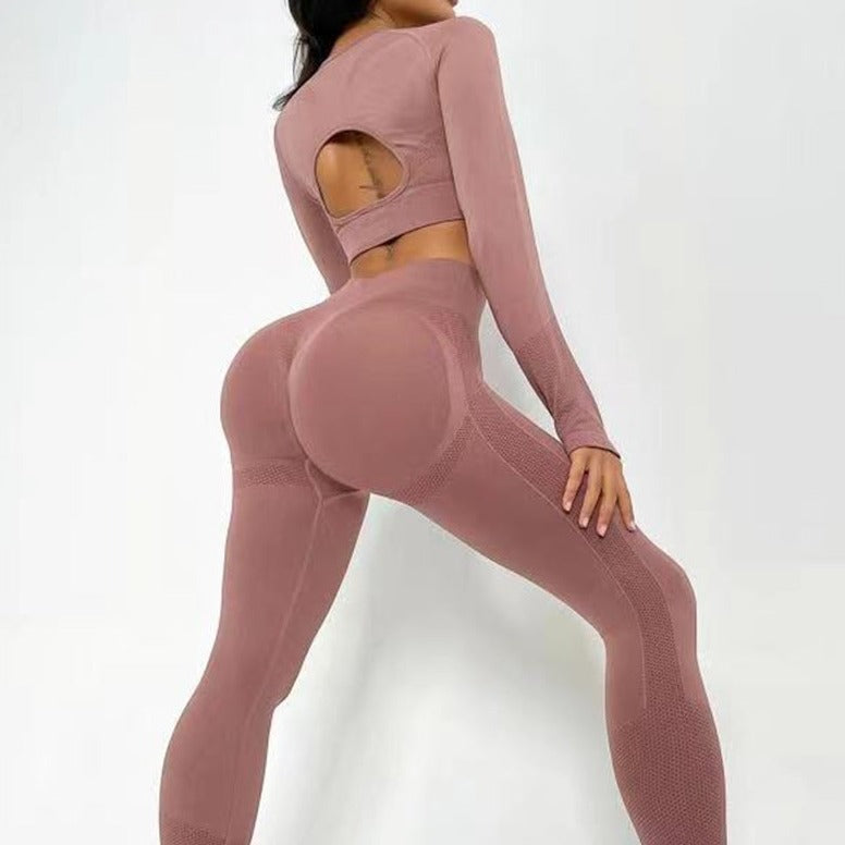 Sports Suits Long Sleeve Hollow Tops And Butt Lifting High Waist Seamless Fitness Leggingss Sports Gym Sportswear