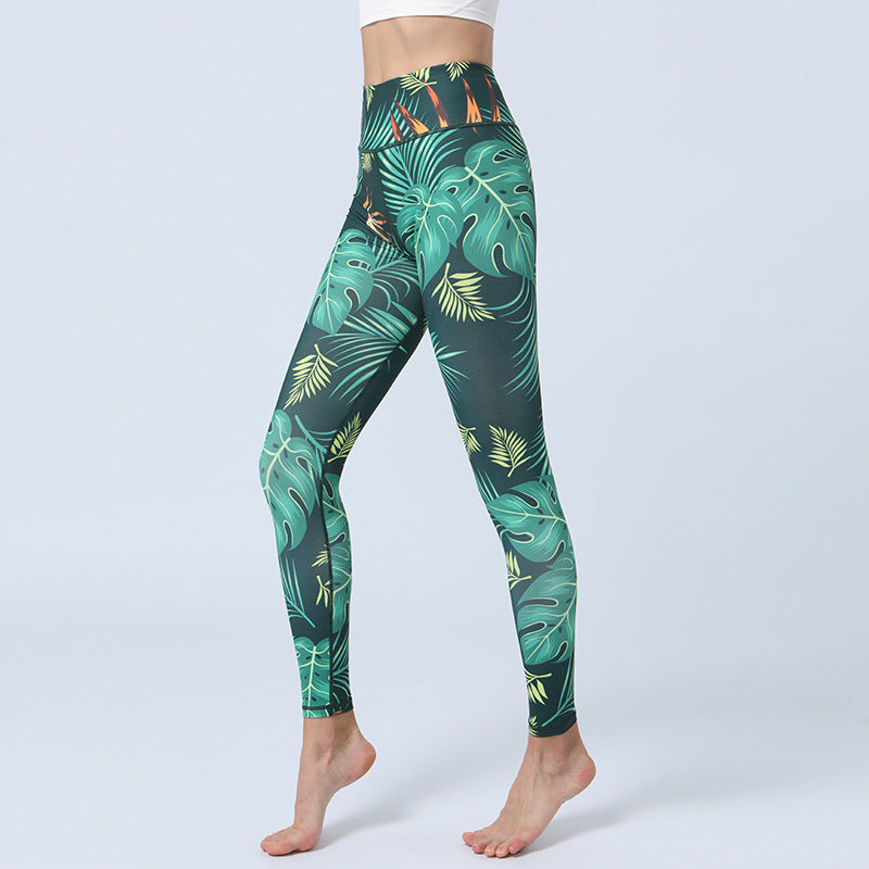 Fashion Leaves Printed Yoga Pants Women's High Waist Hip Lifting Sports Fitness Leggings - FlexAura Fit