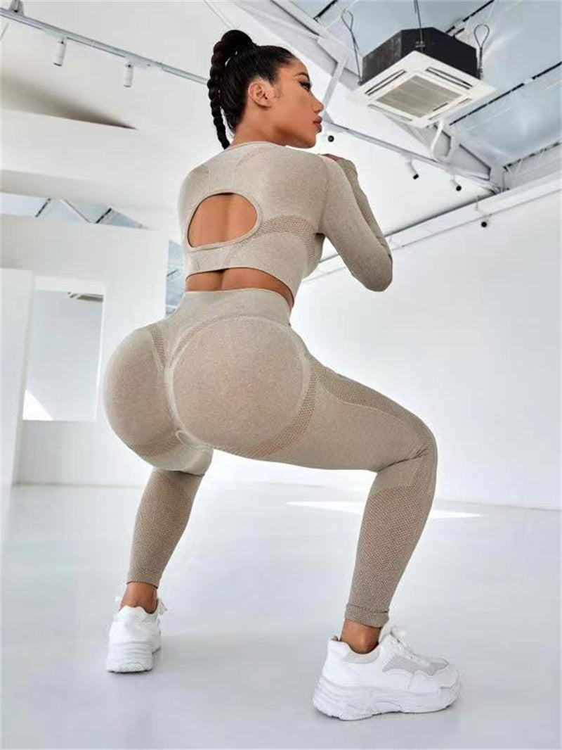 Sports Suits Long Sleeve Hollow Tops And Butt Lifting High Waist Seamless Fitness Leggingss Sports Gym Sportswear